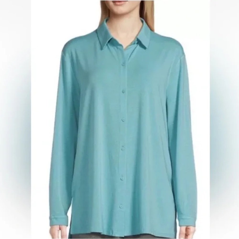 NWT EILEEN FISHER Classic Long Sleeve Stretch Jersey Glacier Blue Shirt Top $138